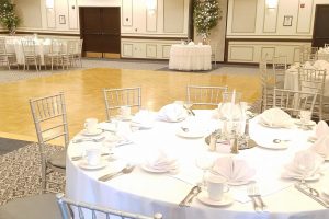 ballroom configured for wedding reception